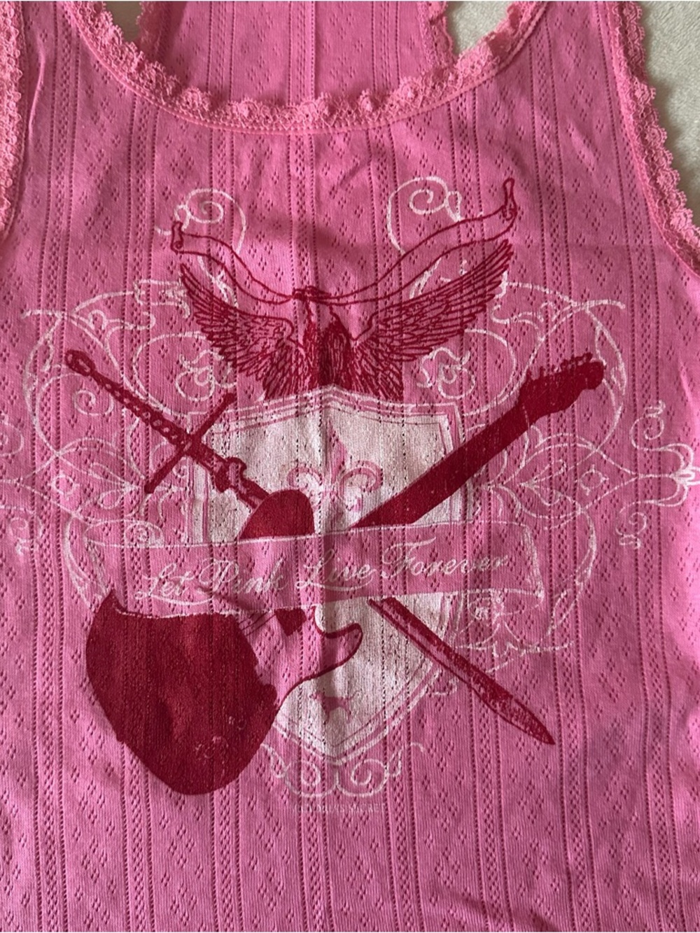 PINK Victoria's Secret Hot Pink Ribbed Lace-Trim Tank Y2K - Picture 2 of 7